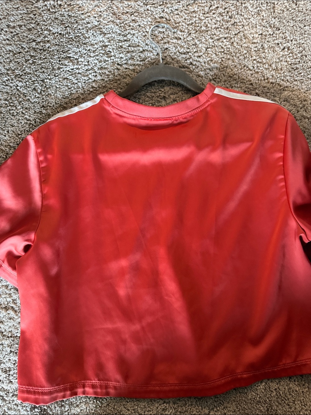adidas Red Short Sleeve Crop Tee with White Shoulder Stripes - Picture 7 of 7